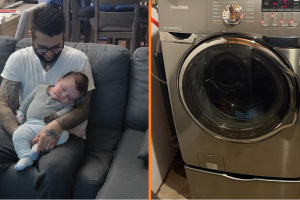 Az újdonsült apa használt mosógépet vásárol, a tulajdonos azt mondja neki, hogy nézzen bele, amikor hazaér